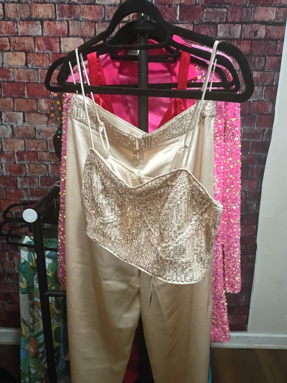 Fashion Nova Full Of Sparkle Satin Pant Set Champagne XL Sold Out Color